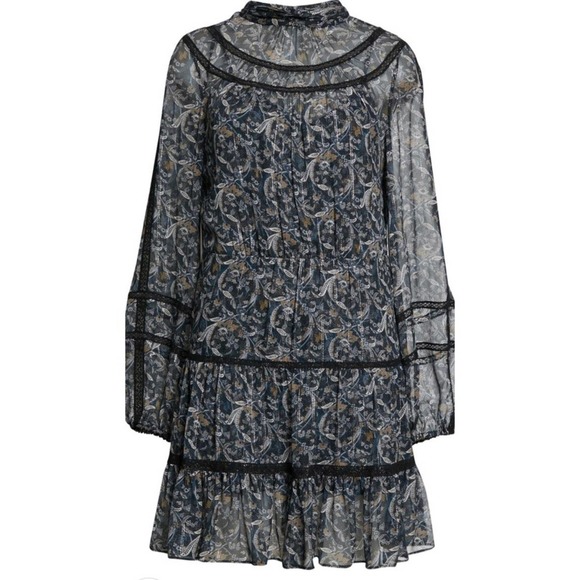 NWT VERONICA BEARD RAHLA FLORAL LACE TRIM LONG SLEEVE SILK DRESS 4 BLACK MULTI - Picture 8 of 8